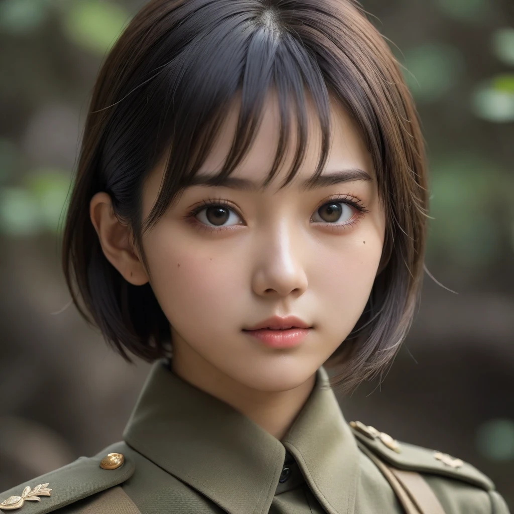 1girl, High quality, schwarzes Haar, Allein, kurze Haare, japaner, Blick auf den Betrachter, Gesichtszeichen, pretty face, schlank, tight military uniform, Green eyes, hole body, japaner, poren, High Resolution, fotorealistisch, legs closed, aufrecht stehend