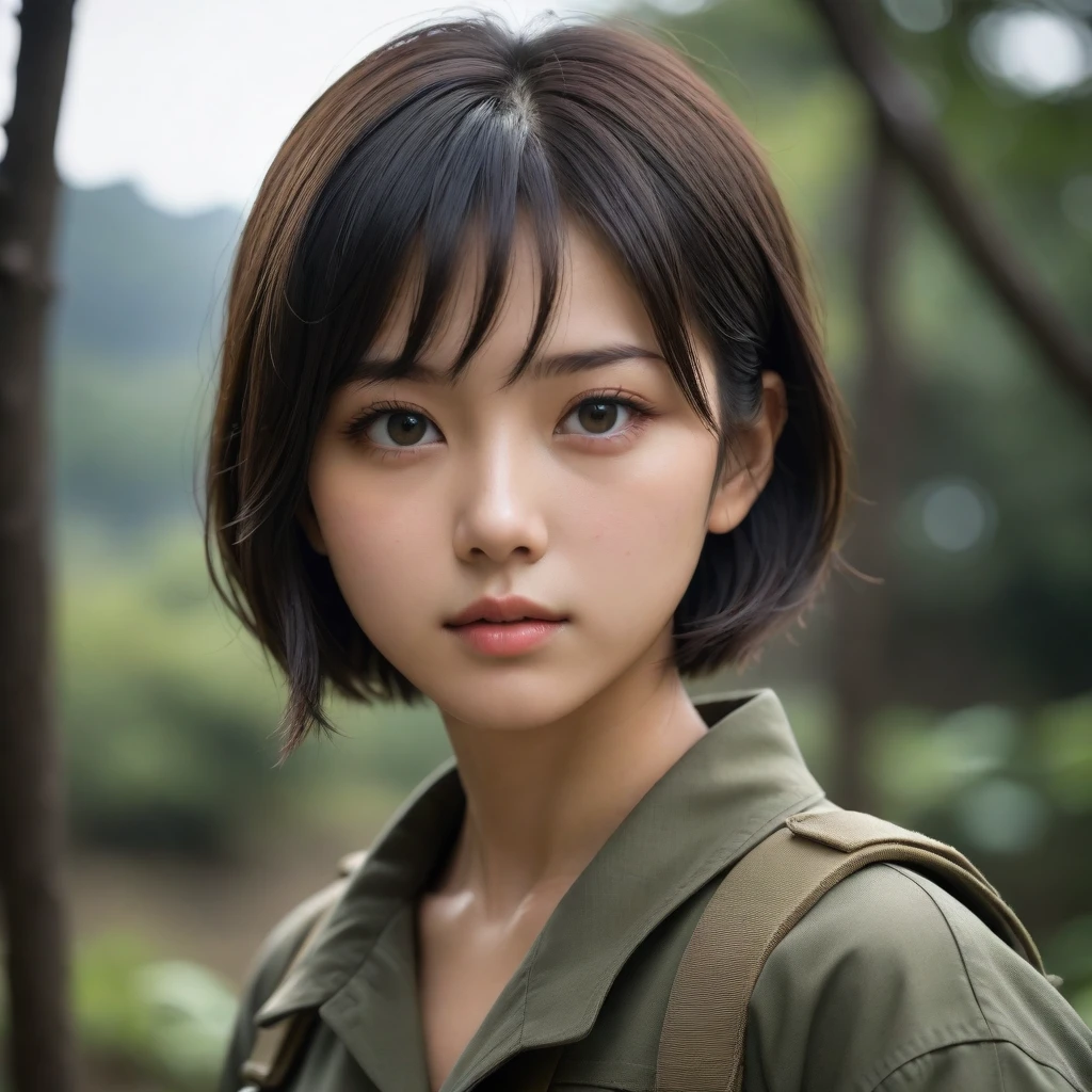 8k, Ultra-high resolution, Highest quality, masterpiece, 三分割法によるphotograph,Surreal, photograph, 1 Girl, (:1.3), pretty girl, Cute Face, Beautiful eyes in every detail, 細かくdetailedに,masterpiece,One Girl:1.2,Japanese female soldier,extream close up,furious,Black short hair,Bob with bangs, (combat uniform:1.3),Muddy Face,Sharp contours,Looking down, (Dirty Face:1.3),battlefield, Light from above, Low contrast, (Side view),, Perfect and beautiful face ,完璧でCute Face, Skin with attention to detail, Perfect limbs、Narrow waist,Looking at the audience,(((Ideal body type))),A cup small breasts :2,Portraiture:2,Perfect Anatomy,鮮明なdetailed,detailed,Surreal,Light and shadow,darkness