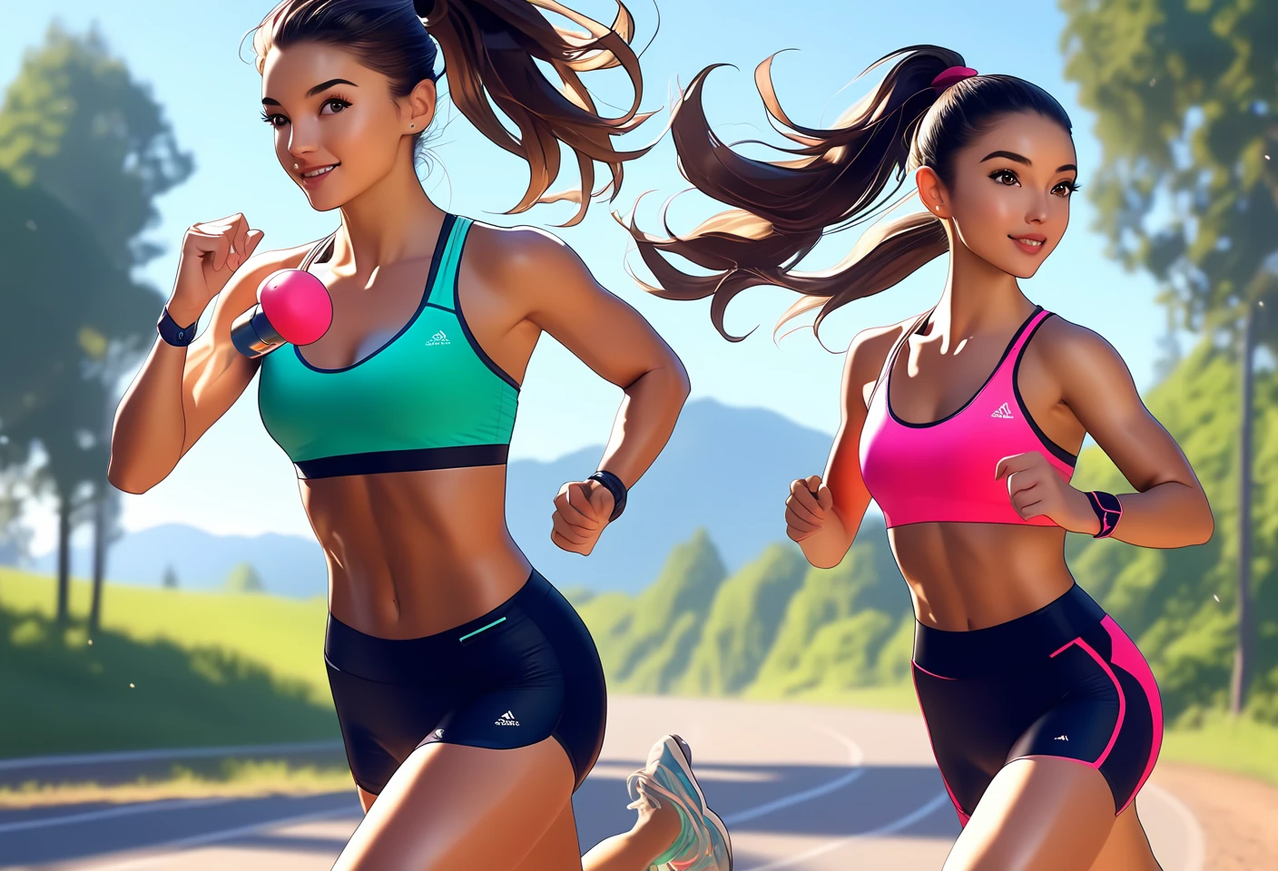 Sexy athlete in sport bra, ponytail, running with a cute pomenarian.