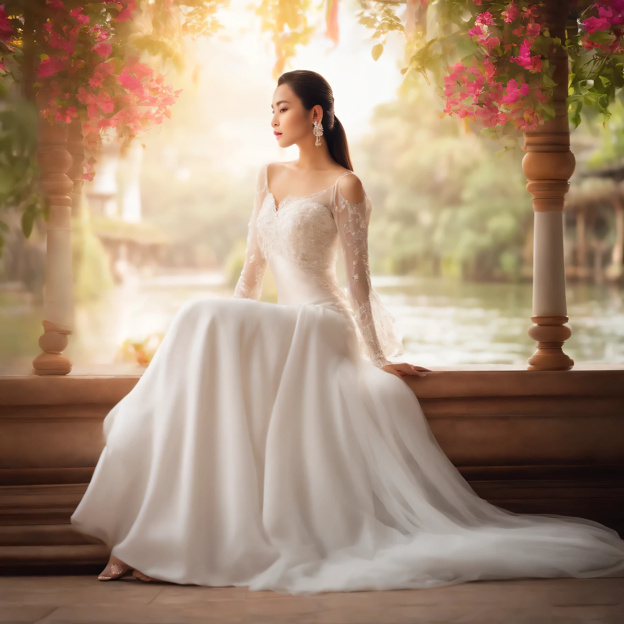 Full body show A beautiful young Thai woman poses gracefully in a beautiful, matching mid-length white wedding dress with long flowing sleeves Her hair is styled in a sleek ponytail, and she wore earrings. She has a subtle makeup look, displays a soft lip color. The background is gently blurred with bright colors, possibly related to the wedding boutique. His hands were gently clasped in front of him, adding a calm and graceful atmosphere to the picture. Show text "by handri"with lowercase letters at the bottom right of the picture