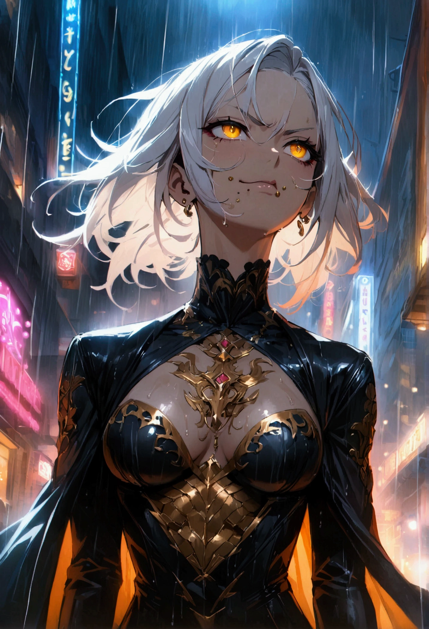 anime women, dark outfit with red and blue details, white hair, (golden dragon eyes) standing in a rain soaked, city street at night, cinematic lighting (best quality:1.2)detailed, neon lights, vivid colors,bokeh, angry looking face with smirk on mouth, piercing, ABS, (looking up), ((face piercing)), gaze, 4k, particles in the air, powers, amazing art work full of details, dynamic movement, gold lipstick gloss
