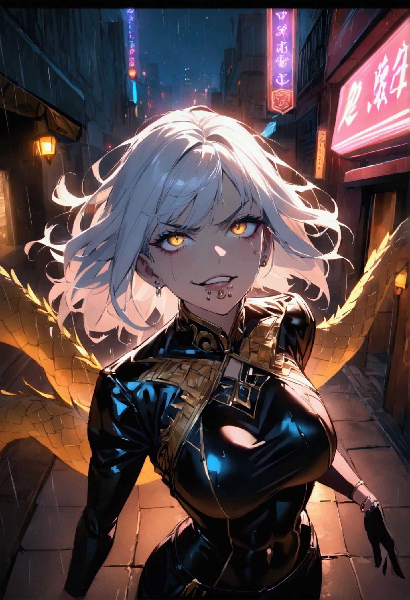 anime women, dark outfit with red and blue details, white hair, (golden dragon eyes) standing in a rain soaked, city street at night, cinematic lighting (best quality:1.2)detailed, neon lights, vivid colors,bokeh, angry looking face with smirk on mouth, piercing, ABS, (looking up), ((face piercing)), gaze, 4k, particles in the air, powers, amazing art work full of details, dynamic movement, gold lipstick gloss