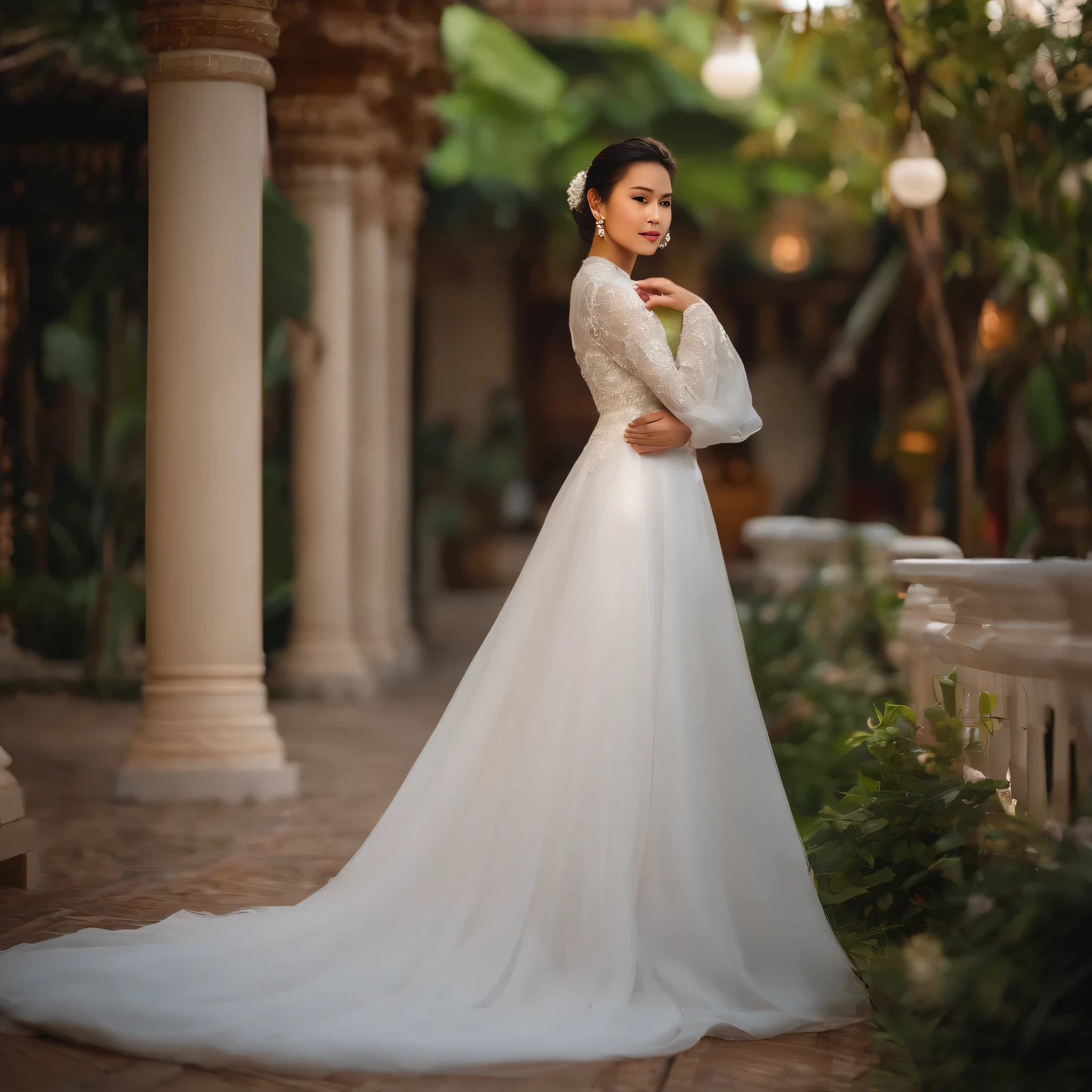 Full body show A beautiful young Thai woman poses gracefully in a beautiful, matching mid-length white wedding dress with long flowing sleeves Her hair is styled in a sleek ponytail, and she wore earrings. She has a subtle makeup look, displays a soft lip color. The background is gently blurred with bright colors, possibly related to the wedding boutique. His hands were gently clasped in front of him, adding a calm and graceful atmosphere to the picture.  Show text "by handri"with lowercase letters at the bottom right of the picture