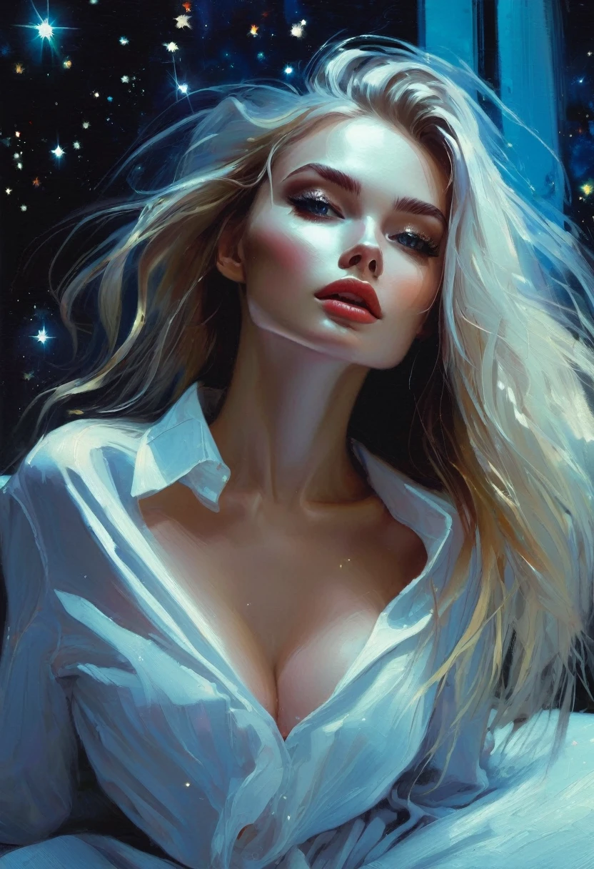 very sexy girl, long blonde hair, very small breasts, on a sofa, dressed only in an open white shirt, very thin, eroticism, sexy and powerful composition, emotional impact ((from below)), magic, fantastic, night sky window, moon, stars, background, alone, very beautiful, cute, adorable, embarrassed, alone, blue eyes, white skin, Glowify (simple oil painting in the style of Bill Sienkiewicz)