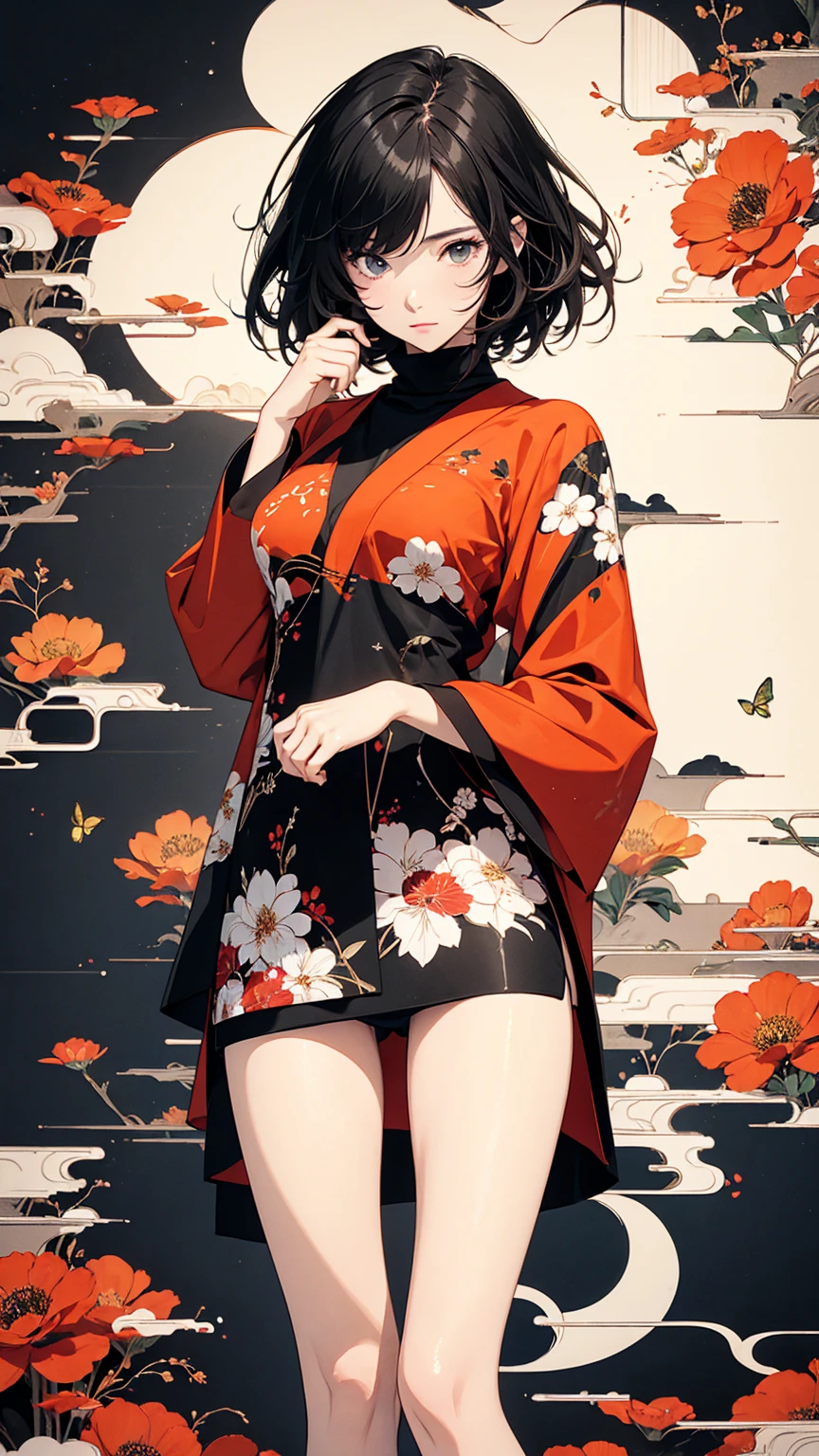 (masterpiece, High resolution, Highest quality), 20-year-old woman, Dynamic posing, Coordinating a turtleneck with a Japanese-style haori coat:1.2, Micro Mini Shorts:1.2, Petal Collage, abstract design, artistic juxtapositions, And handle background, warm color, mixed-media approach, Anime Style, Simple lines, Digital Painting,