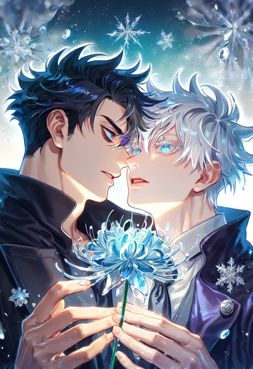 absurdres, highres, ultra detailed, HDR, master piece, best quality, Gojou Satoru, white hair, expressive blue eyes, white eyelashes, Jujutsu Kaisen, Wriothesley, black hair, expressive blue eyes, two sexy men together, yaoi, gay couple, handsome, black coat, dark purple coat, fantasy, magical, ice blue spider lilies, ice glittering butterflies, ice crystals, snowflakes, icy