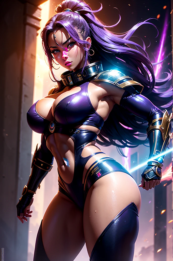 A perfect and beautiful, exuberant and very young cybernetic android warrior with black African and oriental features, Japanese and Chinese, mixed with the clone of the Greek warrior goddess Athena, with huge super ultra mega giant breasts, Brunetette, very tanned and sweaty, huge  ass, steep, HARD AND MUSCULOUS, purple eyes, transformed into a super sensual and extremely super ULTRA HIPER muscular astronaut, fitness, bodybuilder, fit bodybuilder and weightlifter, very muscular thighs wearing very short punk style hair, super radical and purple and very smooth in locks, wearing sexy cyberpunk battle outfits, seen in the form of a hologram made only of light energy, coastal view, administrator and leader, queen goddess of a gigantic fleet of thousands of spaceships and hundreds of planets of her mighty star empire running boldly across the bridge of a star cruiser