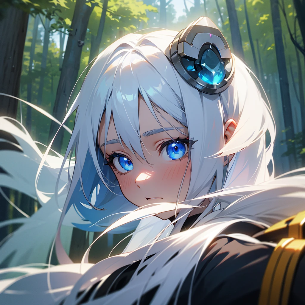 16 year old boy white hair-blue eyes ,working out, outdoors in the forest bumping into a beautiful 16 year old woman with long white hair-blue eyes face to face , hd quality, Super detailed, extremely high quality, perfect detailed