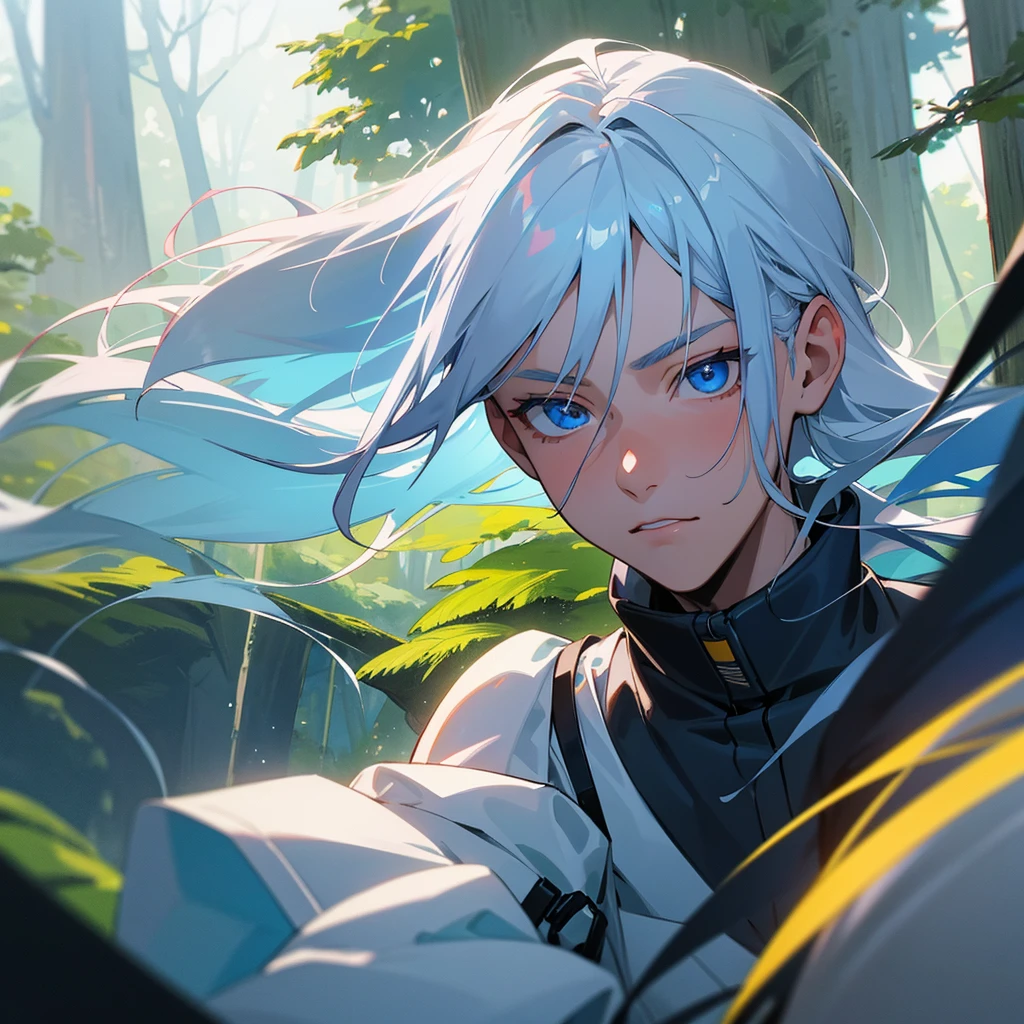 16 year old boy white hair-blue eyes ,working out, outdoors in the forest bumping into a beautiful 16 year old woman with long white hair-blue eyes face to face , hd quality, Super detailed, extremely high quality, perfect detailed