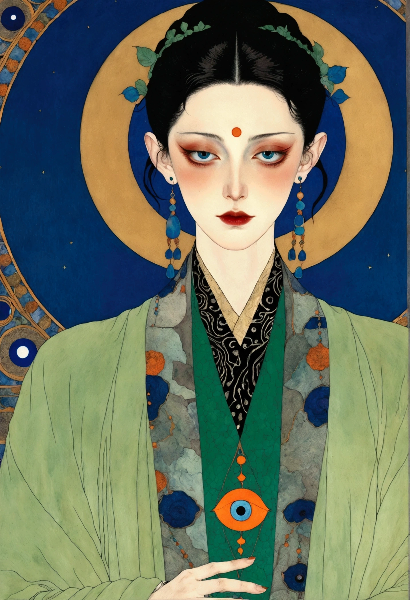 The art of math,Digital Illustration,Drawing,Decorative paintings,Watercolor,(((Harry Clark (Harry Clarke) style,圣地亚哥·卡鲁索style))),Simple,clean,Fine painting style,(((The third eye on the forehead。short hair,Pointed ears,robe))),Wide Angle,Black and blue,Solid color background,Human anatomy is correct