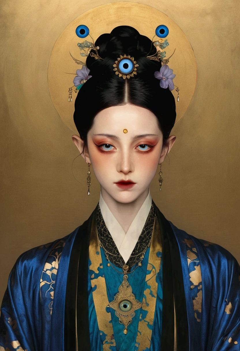 The art of math,Digital Illustration,Drawing,Decorative paintings,Watercolor,(((Harry Clark (Harry Clarke) style,圣地亚哥·卡鲁索style))),Simple,clean,Fine painting style,(((The third eye on the forehead。short hair,Pointed ears,robe))),Wide Angle,Black and blue,Solid color background,Human anatomy is correct
