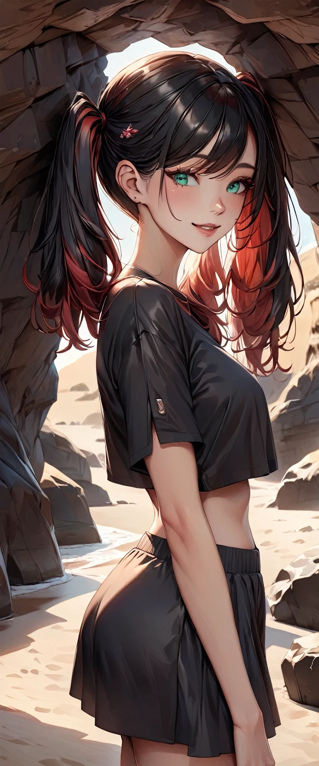 Realistic, photograph, 自然な肌をした女の子のphotograph, ((High Twintails)), , ((Baby Face)), Smiling, ((tilting the head)), From the side, Round face, Red mesh hair, ((Upper Body)), Beach cave, The light is shining in, Black hair with red mesh, Sharp eyes with red eyeshadow, Blue-green eyes, Shining eyes, A thin, upturned nose, Well-shaped lips, ((crop top overhang, Short sleeve, Black clothes, Glamour body)), Makeup, Exquisitely crafted with the utmost attention to detail, Vibrant, amazing, Smooth, Cinematic, 4K, Backlight, (()), Shallow depth of field, ((Detailed eyes:1.3, Detailed lips:1.3, high quality, )), masterpiece, Super detailed images, High quality