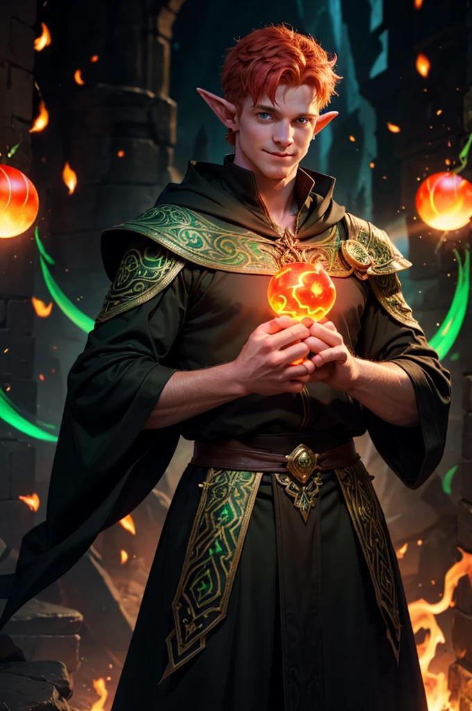 masculine, masterpiece, Hyperrealistic image of a sexy 30-year-old albino man., redhead, piercing blue eyes, long elf ears, wearing elegant black sorcerer robes, menintong, Stupid, seductive pose, magical glowing arcane sigils, (((juggling big green glowing fireballs between his hands))), looking directly at camera, Cheek Smile, Very detailed, intricate details, sharp focus, dynamic lighting, dynamic shadows, without watermark