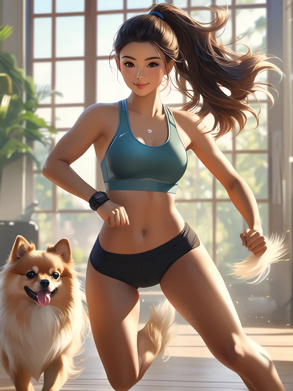 Sexy athlete in sport bra, ponytail, running with a Pomeranian. Hyperrealistic