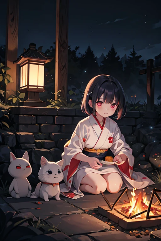 horror anime style, super fine illustration, masterpiece,best quality,highly detailed, dynamic angle, beautiful detailed, 8k, On a summer night, in a graveyard,scary ghost is having a feast. BREAK she enjoy snack and orenge juice around a campfire, having a joyful time.Break kimono,