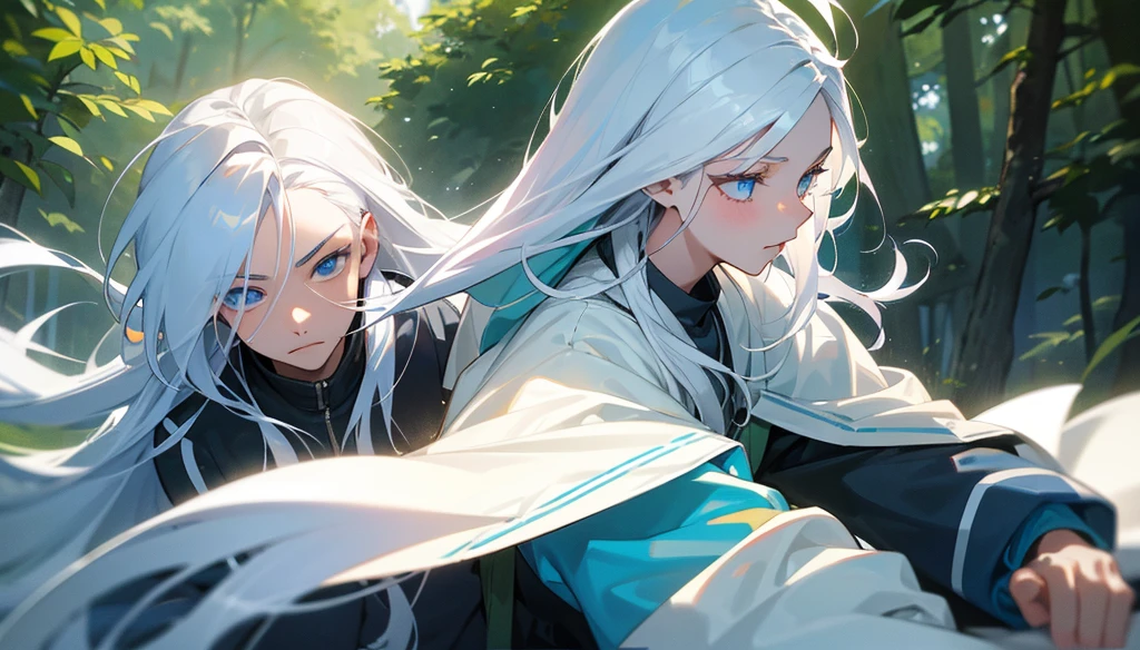  boy white hair-blue eyes ,working out, outdoors in the forest bumping into a beautiful 16 year old long white hair-blue eyes face to face  , hd quality, Super detailed, extremely high quality, perfect detailed 