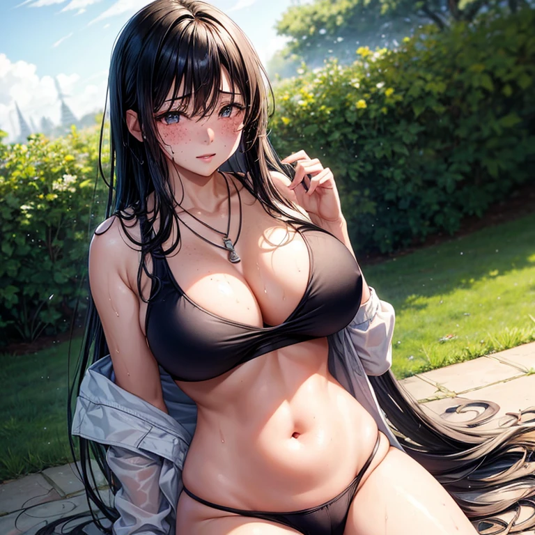Kaori, Single model, solo, half Asian, half Latino, very long straight black hair, freckles, blushing, wet eyes, long chain pendant, very large heavy breasts, chubby, belly, stretchmarks, sports bra,
