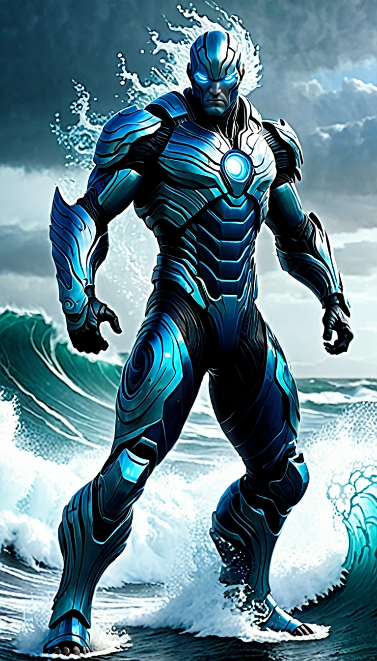 Create a full-body, powerful, futuristic tidal wave warrior avatar with advanced technology integrated into the armor. The character should have a strong, heroic physique and confident facial features, with some parts of the face visible. The armor should be a blend of ancient Greek or Atlantean warrior styles, covering essential parts of the body while leaving some muscular areas exposed. Subtle tidal wave themes, such as wave patterns and water currents, should be incorporated into the design, using a color scheme of deep blue, aqua, and silver. The character should emanate a sense of strength and dominance, with glowing blue eyes and a dynamic, wave-like aura. Ensure the character is visible from head to toe, standing against a backdrop of a powerful tidal wave, with crashing water and mist visible, to enhance the powerful and dynamic setting.