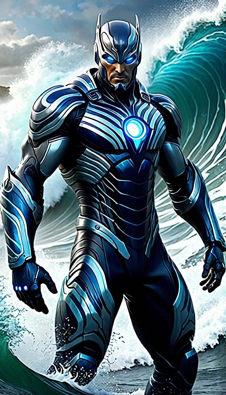 Create a full-body, powerful, futuristic tidal wave warrior avatar with advanced technology integrated into the armor. The character should have a strong, heroic physique and confident facial features, with some parts of the face visible. The armor should be a blend of ancient Greek or Atlantean warrior styles, covering essential parts of the body while leaving some muscular areas exposed. Subtle tidal wave themes, such as wave patterns and water currents, should be incorporated into the design, using a color scheme of deep blue, aqua, and silver. The character should emanate a sense of strength and dominance, with glowing blue eyes and a dynamic, wave-like aura. Ensure the character is visible from head to toe, standing against a backdrop of a powerful tidal wave, with crashing water and mist visible, to enhance the powerful and dynamic setting.