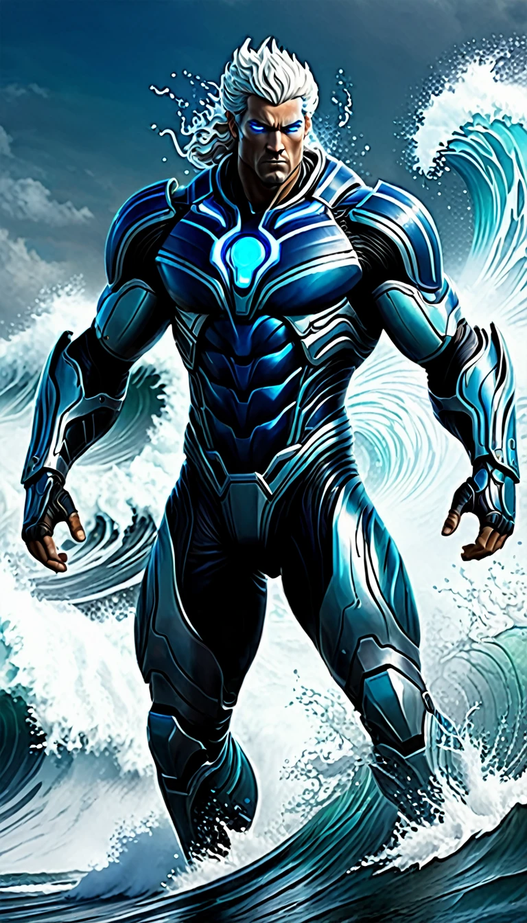 Create a full-body, powerful, futuristic tidal wave warrior avatar with advanced technology integrated into the armor. The character should have a strong, heroic physique and confident facial features, with some parts of the face visible. The armor should be a blend of ancient Greek or Atlantean warrior styles, covering essential parts of the body while leaving some muscular areas exposed. Subtle tidal wave themes, such as wave patterns and water currents, should be incorporated into the design, using a color scheme of deep blue, aqua, and silver. The character should emanate a sense of strength and dominance, with glowing blue eyes and a dynamic, wave-like aura. Ensure the character is visible from head to toe, standing against a backdrop of a powerful tidal wave, with crashing water and mist visible, to enhance the powerful and dynamic setting.