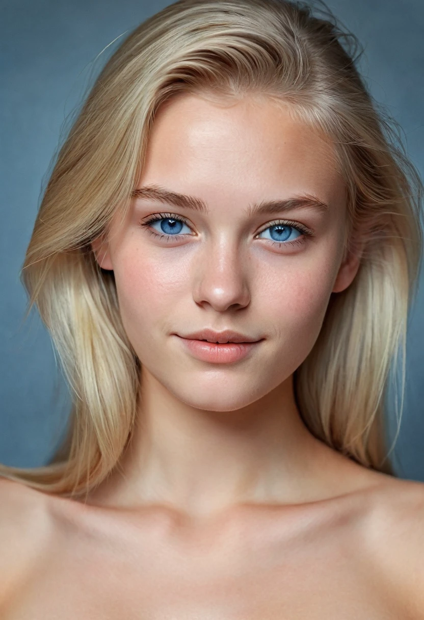 Portrait of a Norwegian beautiful teenager, medium breasts, soft smile, natural lips, long blonde hair with shaved sides , blue-grey eyes, realism, digital painting, concept art, smooth, sharp focus, rule of thirds, Style-Psycho, sexy, sexy, sexy, nude, nude, half body, half body, half body, medium breasts, medium breast, medium breast