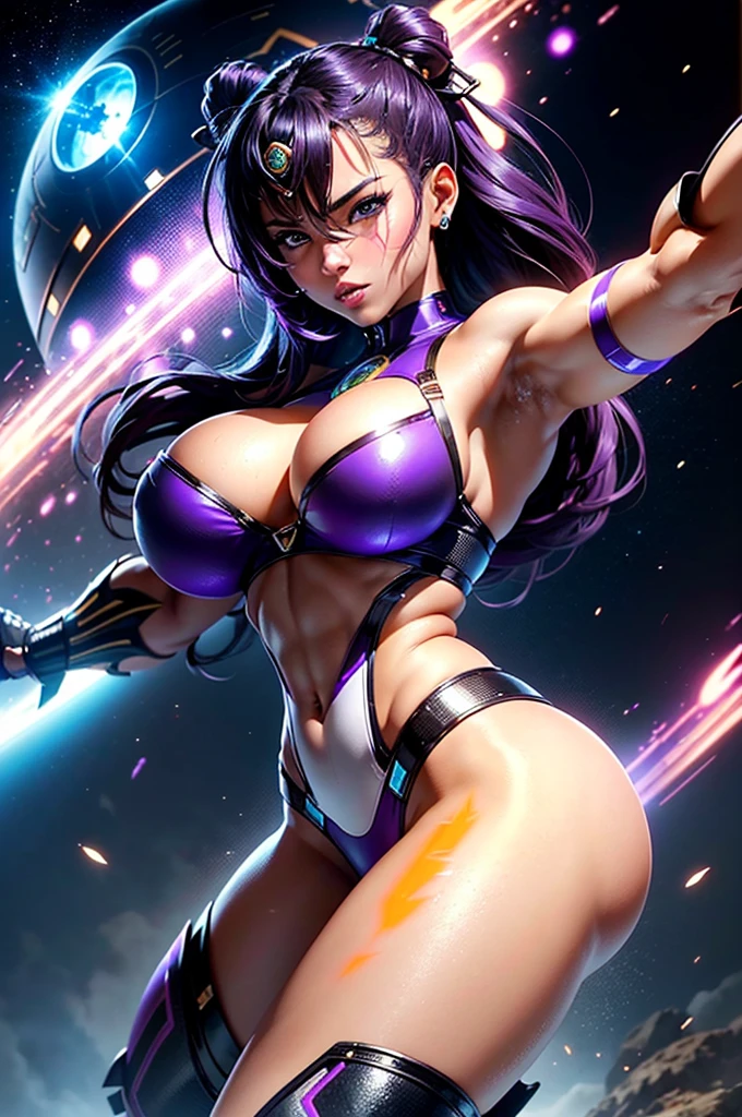 A perfect and beautiful, exuberant and very young cybernetic android warrior with black African and oriental features, Japanese and Chinese, mixed with the clone of the Greek warrior goddess Athena, with huge super ultra mega giant breasts, Brunetette, very tanned and sweaty, huge  ass, steep, HARD AND MUSCULOUS, purple eyes, transformed into a super sensual and extremely super ULTRA HIPER muscular astronaut, fitness, bodybuilder, fit bodybuilder and weightlifter, very muscular thighs wearing very short punk style hair, super radical and purple and very smooth in locks, wearing sexy cyberpunk battle outfits, seen in the form of a hologram made only of light energy, coastal view, administrator and leader, queen goddess of a gigantic fleet of thousands of spaceships and hundreds of planets of her mighty star empire running boldly across the bridge of a star cruiser