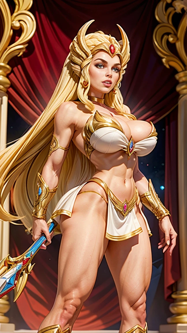 8K, ultra HD, Super details, high quality, High resolution. The heroine She-Ra looks beautiful in full body photo, her body is sculptural, Her long, wavy blonde hair is radiant in perfect combination with her white skin.. she is very sexy, drawing attention to her large breasts and thick legs .