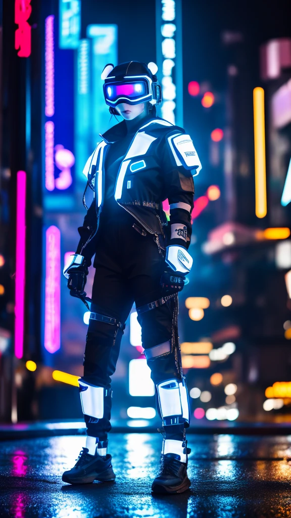 a cyberpunk woman, full body, around 20 years old, 60 kilos, Calcasian of European origin, wearing white and black streetwear clothes, has a technological helmet that resembles a panda, in a cyberpunk urban city, on a rainy night, neon lights blue, artificial lighting