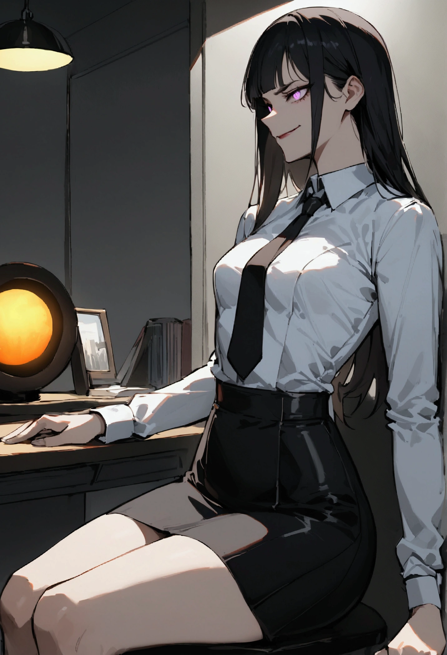 Medium chest, side profile, take off clothes jury han , han, work of art, tight white secretary shirt with black tie, black high waist skirt, short skirt,stocking, black hair, black tightscary sun,office,bangs on the eyes,Lighting,horn of hair,evil smile,sitting,,glowing purple eyes,stocking black,evil look

