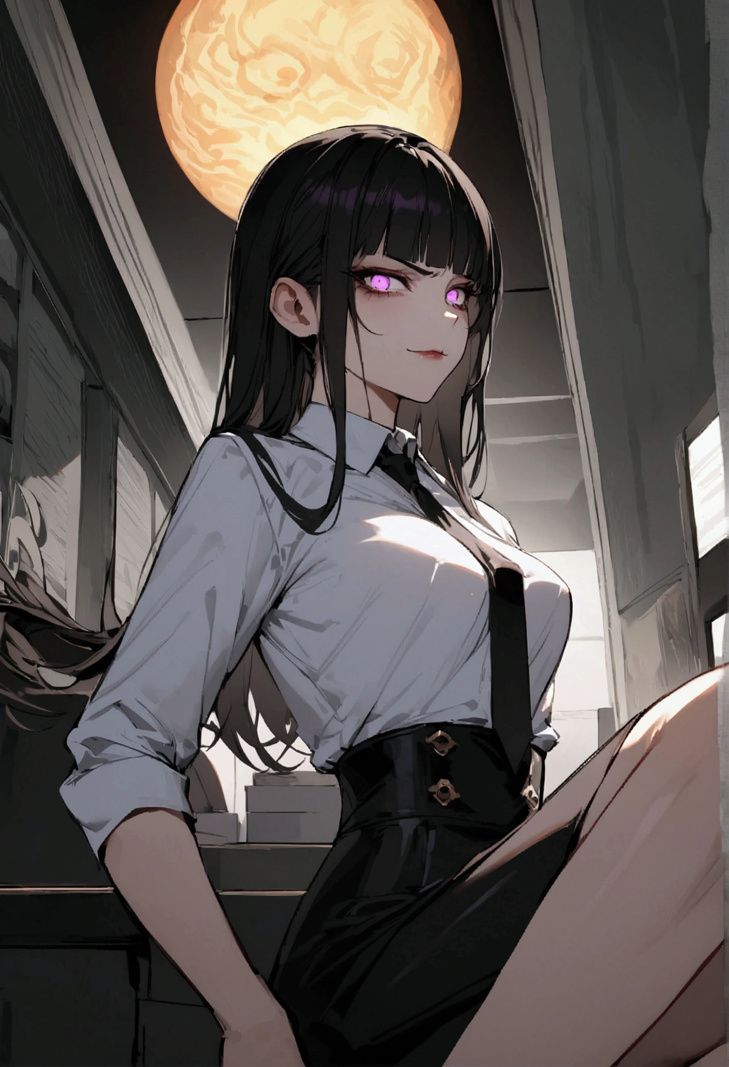 Medium chest, side profile, take off clothes jury han , han, work of art, tight white secretary shirt with black tie, black high waist skirt, short skirt,stocking, black hair, black tightscary sun,office,bangs on the eyes,Lighting,horn of hair,evil smile,sitting,,glowing purple eyes,stocking black,evil look