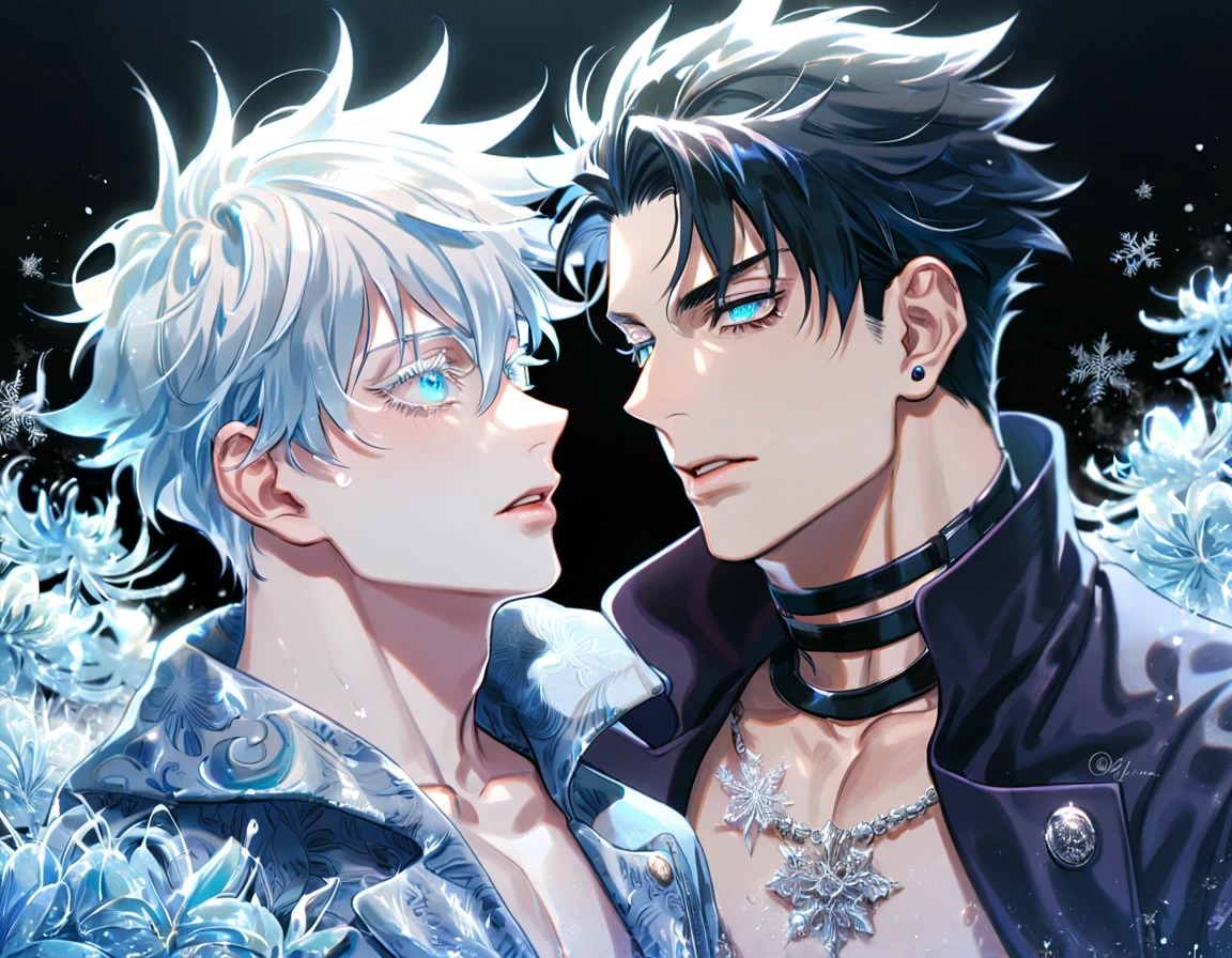 (absurdres, highres, ultra detailed, HDR), master piece, best quality, Gojo Satoru, white hair with bangs, white eyelashes, vibrant blue eyes, Jujutsu kaisen, Nanami Kento, blond hair, vibrant brown eyes, 2 gay men together, handsome, black leather coat, bare chest, belt across his chest, black collar, black gloves, chains, cape, moon, petals, window