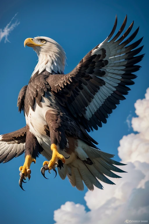 A majestic eagle flying in the sky, captured in high definition. The eagle must have detailed and realistic feathers, with wings open to their full wingspan. The feathers at the tips of the wings are separated and well defined, while the body feathers are denser and softer. The eagle's head is sharp and focused, with piercing eyes and a powerful, curved beak. Claws are strong and visible, grabbing the air as she flies. The background is a clear blue sky with a few scattered clouds, highlighting the eagle in its natural habitat. The lighting should highlight the textures of the feathers and the details of the eagle's body, providing a stunning and realistic look.
agui enormous