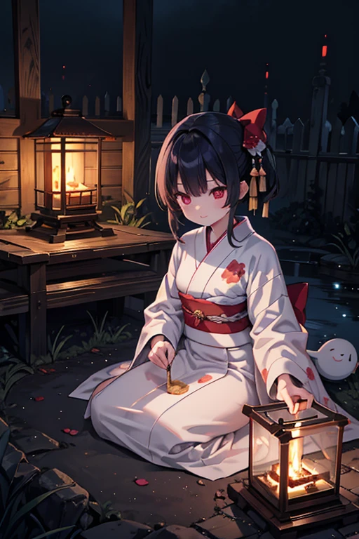 horror anime style, super fine illustration, masterpiece,best quality,highly detailed, dynamic angle, beautiful detailed, 8k, On a summer night, in a graveyard,scary ghost is having a feast. BREAK she enjoy snack and orenge juice around a campfire, having a joyful time.Break kimono,score up_9,