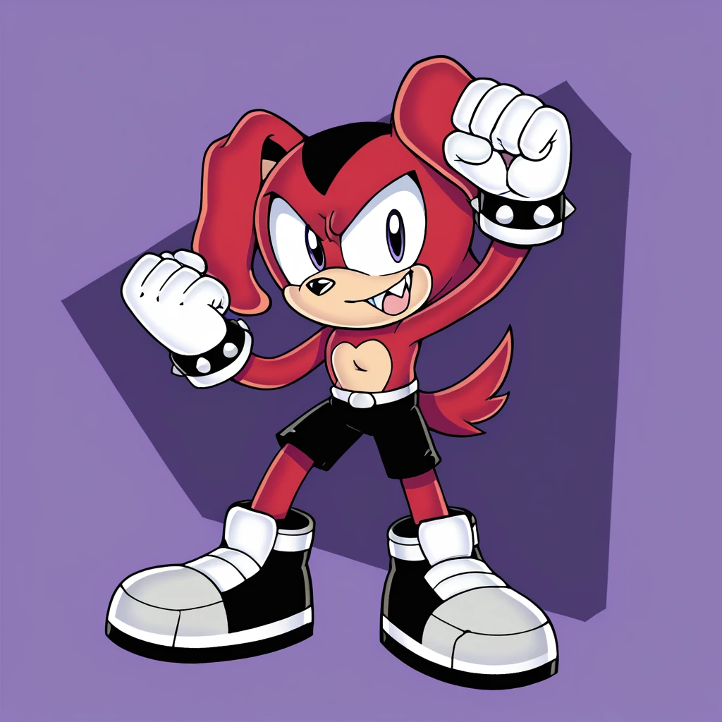 Custom avatar, red dog character, wearing black shorts, in the cyberspace￼, cgi backround, doing a dyamic pose,