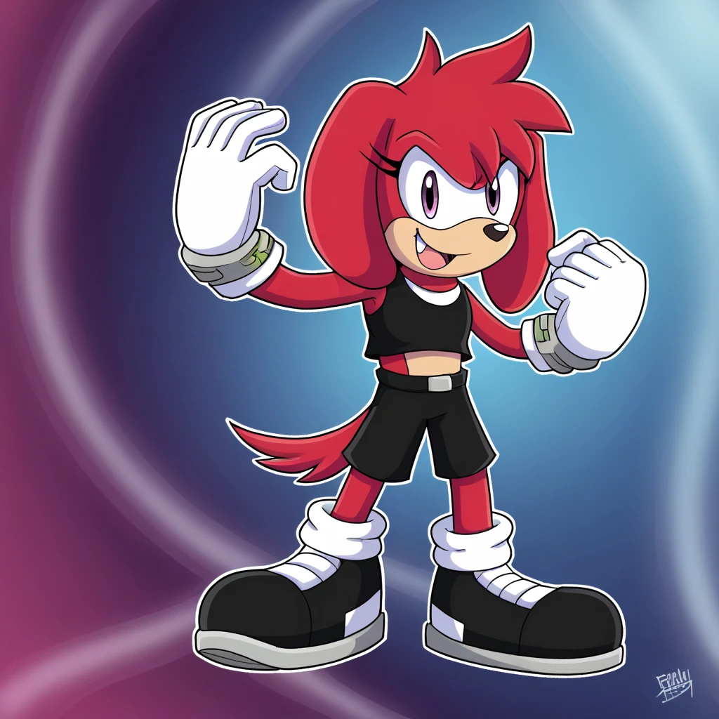 Custom avatar, red dog character, wearing black shorts, in the cyberspace, cgi backround, doing a dyamic pose,