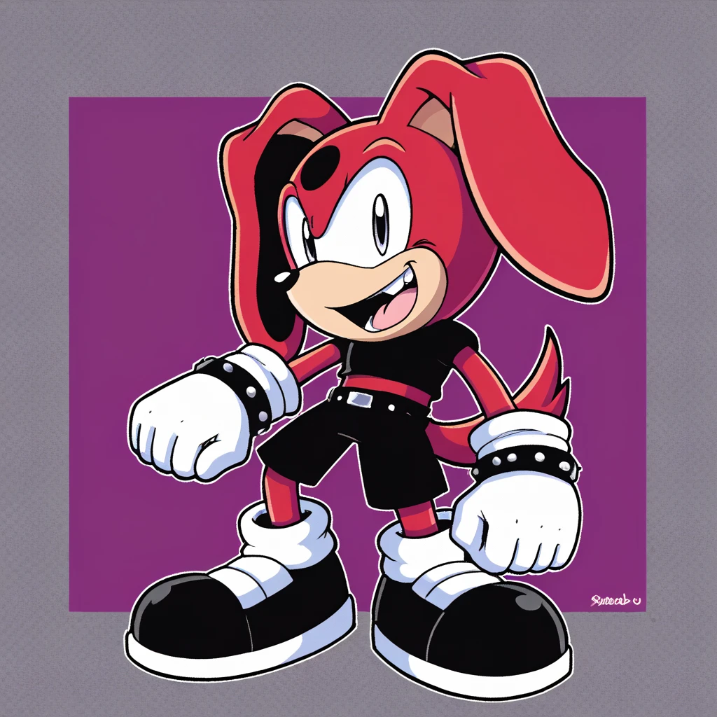 Custom avatar, red dog character, wearing black shorts, in the cyberspace, cgi backround, doing a dyamic pose,