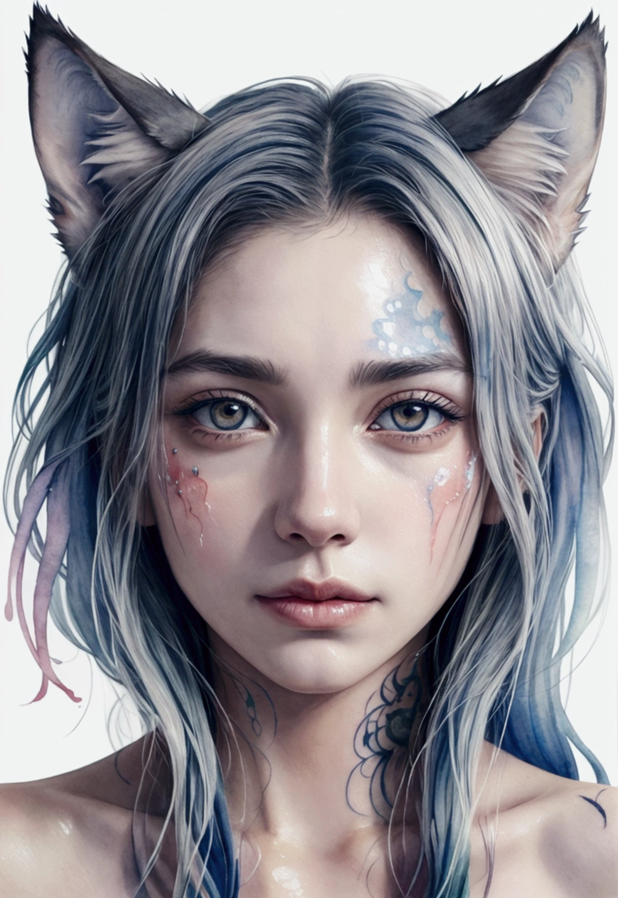 Print of a detailed watercolor tattoo style wolf face, face in the center, expressive eyes, watercolor colors, with splashes and dripping drops, transparent background