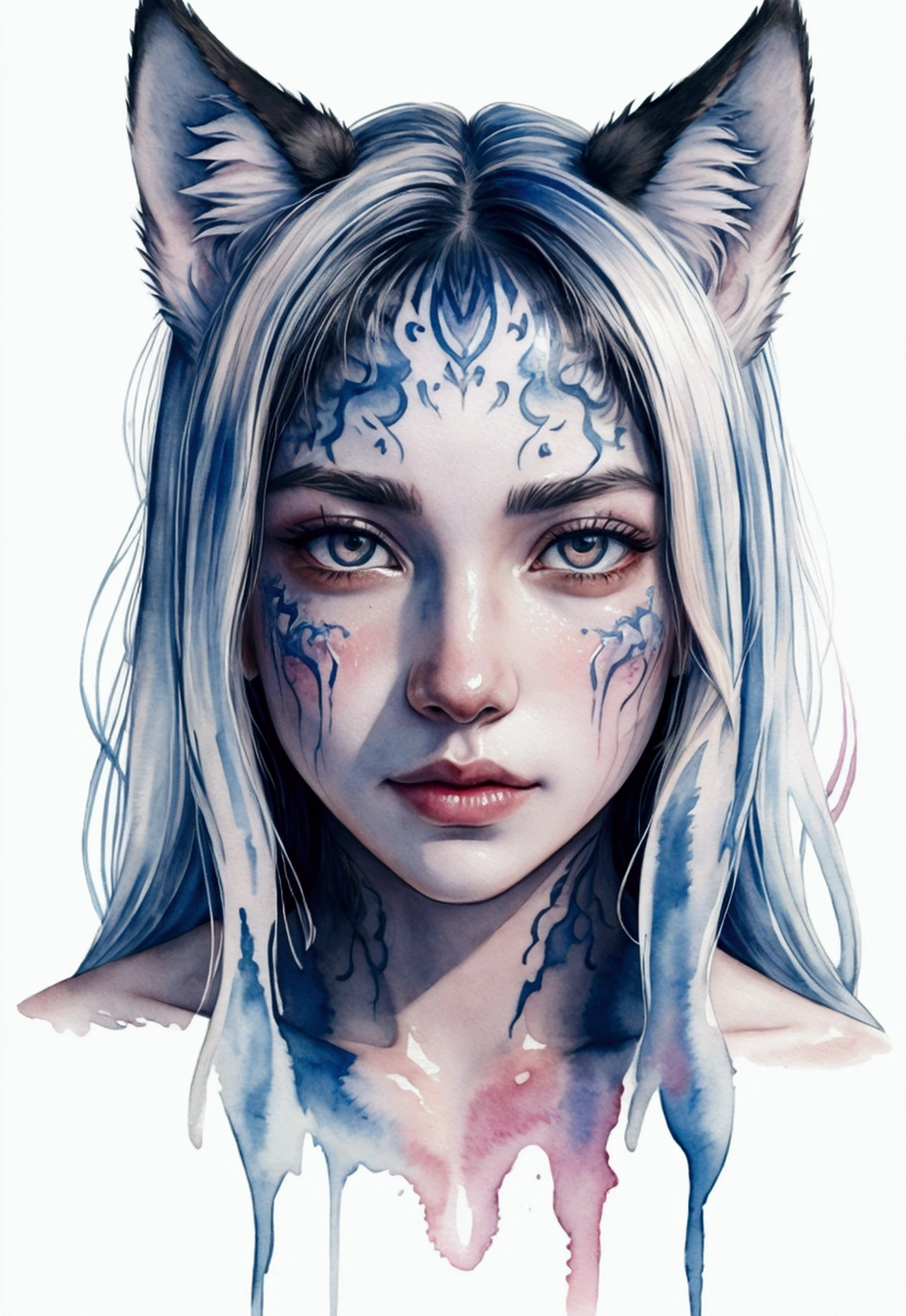 Print of a detailed watercolor tattoo style wolf face, face in the center, expressive eyes, watercolor colors, with splashes and dripping drops, transparent background