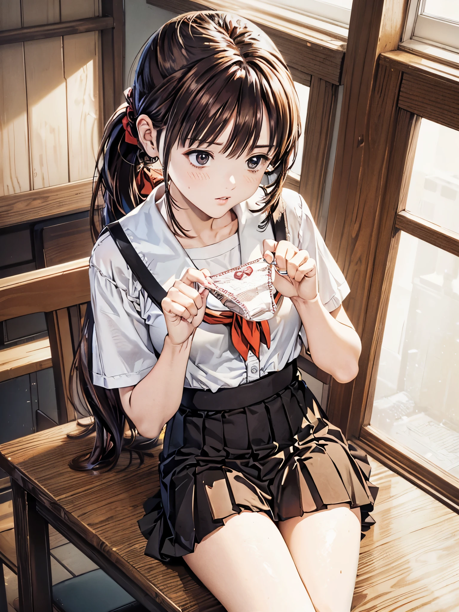(((masterpiece, Highest quality, High resolution, 超High resolution, Perfect Pixel, Depth of written boundary, 4K, RTTX 10.0))), Beautiful Anime Woman, Beautiful art style, Anime characters, ((Smooth texture, Realistic texture, Anime CG Style)), Exact finger count、Exact number of legs、(Exact number of arms:1.0, Exact number of hands:1.0), (Perfect hands, Perfect Anatomy), Cinematic, Realistic, Extremely detailed CG, Daytime lighting, Perfect lighting, Best Shadow, The best natural light, whole body, Perfect body, バランのとれたPerfect body, Perfectly balanced style, Slender body, ((Long Hair, bangs, Reddish brown hair, ponytail)), ((A cute adult woman is holding her panties in both hands and showing them, holding panties, presenting panties:1.8)), ((Sailor suit tops, Sailor collar, White shirt, Navy pleated mini skirt:1.3), (Knee-high socks:1.3):1.3), (Beautiful and big breasts:1), (Very embarrassed look:1.6), blush, (School classroom, School desks and chairs in the background:1.6), Angle from the front, (Sexy and cute panties:1.45), Iori