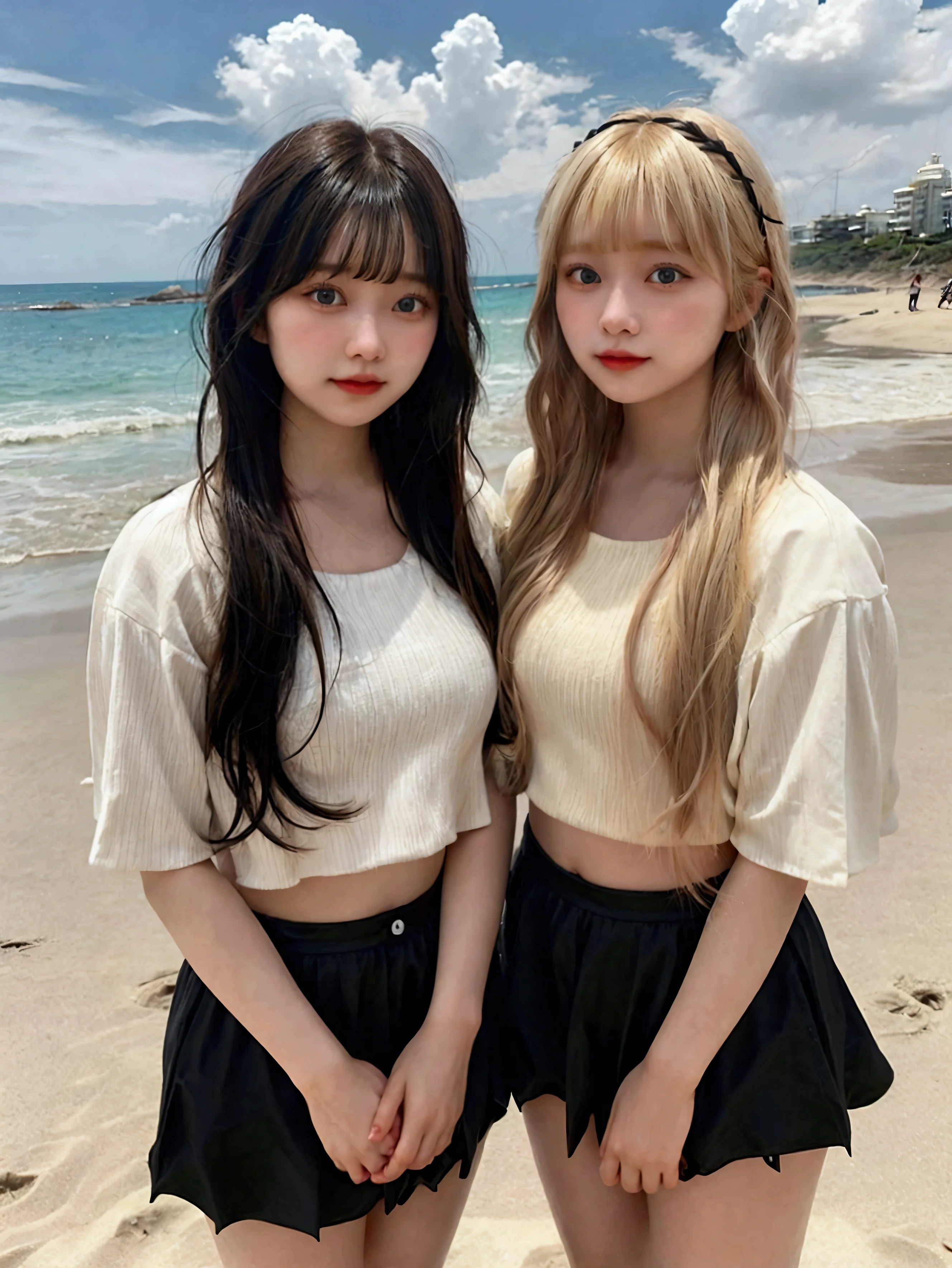 two friends on the beach, a girl has long blonde hair and short bangs, the other girl has big black hair they are the same height