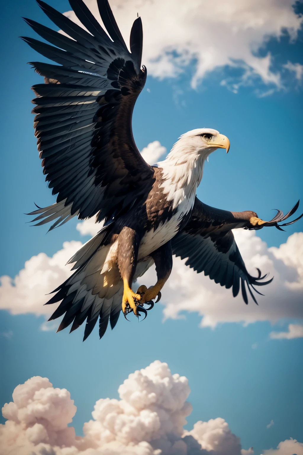 A majestic eagle flying in the sky, captured in high definition. The eagle must have detailed and realistic feathers, with wings open to their full wingspan. The feathers at the tips of the wings are separated and well defined, while the body feathers are denser and softer. The eagle's head is sharp and focused, with piercing eyes and a powerful, curved beak. Claws are strong and visible, grabbing the air as she flies. The background is a clear blue sky with a few scattered clouds, highlighting the eagle in its natural habitat. The lighting should highlight the textures of the feathers and the details of the eagle's body, providing a stunning and realistic look.
agui enormous