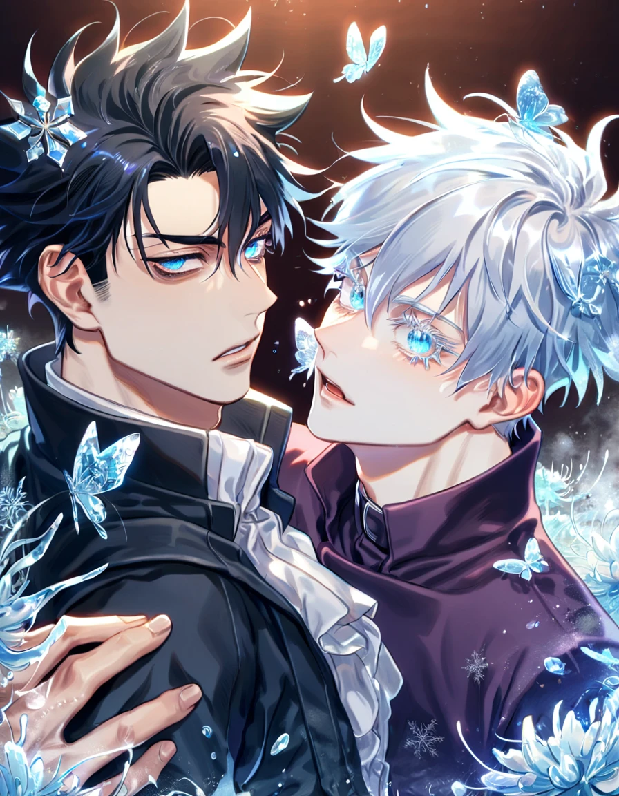 absurdres, highres, ultra detailed, HDR, master piece, best quality, Gojou Satoru, white hair, expressive blue eyes, white eyelashes, Jujutsu Kaisen, Wriothesley, black hair, expressive blue eyes, two sexy men together, yaoi, gay couple, handsome, black coat, dark purple coat, fantasy, magical, ice blue spider lilies, ice glittering butterflies, ice crystals, snowflakes, icy