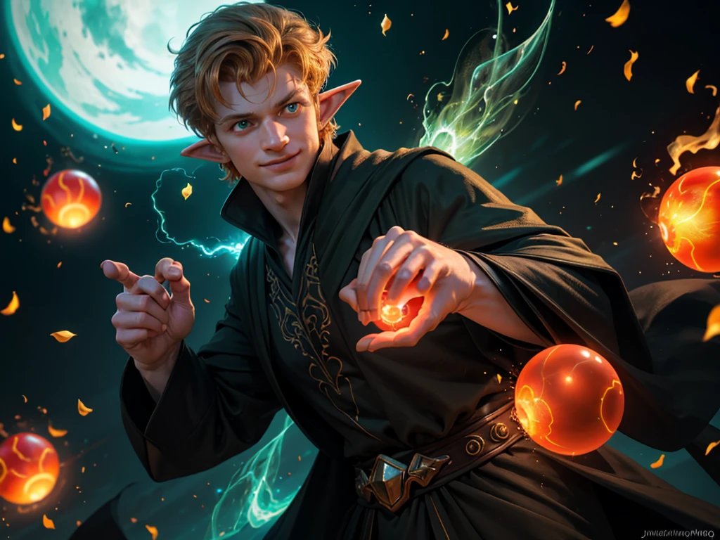 masculine, masterpiece, Hyperrealistic image of a sexy 30-year-old albino man., redhead, piercing blue eyes, long elf ears, wearing elegant black sorcerer robes, menintong, Stupid, seductive pose, magical glowing arcane sigils, (((juggling big green glowing fireballs between his hands))), looking directly at camera, Cheek Smile, Very detailed, intricate details, sharp focus, dynamic lighting, dynamic shadows, without watermark