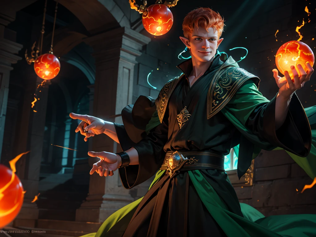 masculine, masterpiece, Hyperrealistic image of a sexy 30-year-old albino man., redhead, piercing blue eyes, long elf ears, wearing elegant black sorcerer robes, menintong, Stupid, seductive pose, magical glowing arcane sigils, (((juggling big green glowing fireballs between his hands))), looking directly at camera, Cheek Smile, Very detailed, intricate details, sharp focus, dynamic lighting, dynamic shadows, without watermark