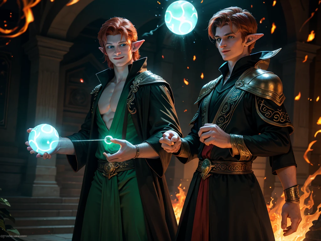 masculine, masterpiece, Hyperrealistic image of a sexy 30-year-old albino man., redhead, piercing blue eyes, long elf ears, wearing elegant black sorcerer robes, menintong, Stupid, seductive pose, magical glowing arcane sigils, (((juggling big green glowing fireballs between his hands))), looking directly at camera, Cheek Smile, Very detailed, intricate details, sharp focus, dynamic lighting, dynamic shadows, without watermark