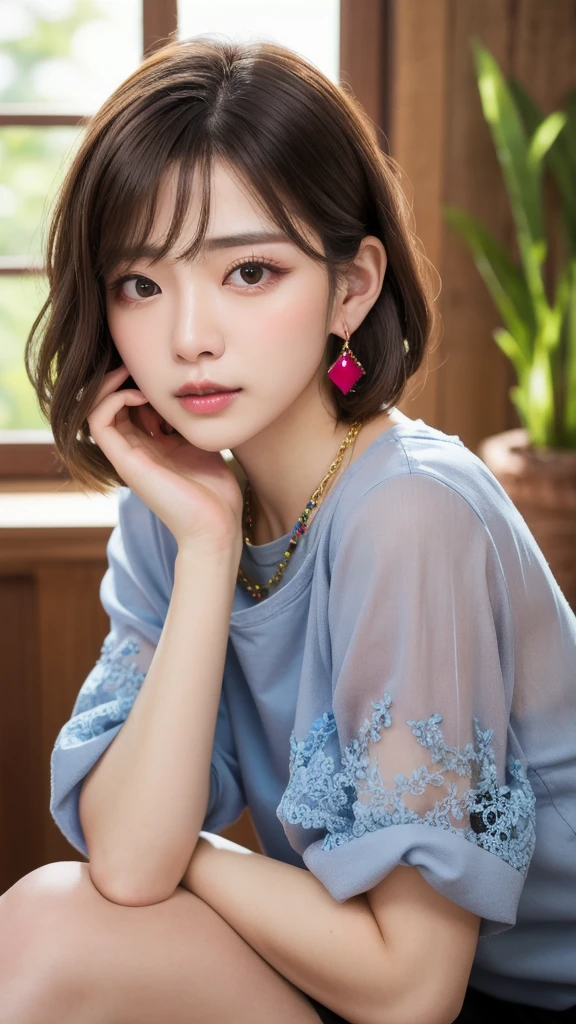 Dark pink lace thong&good, (((とてもエレガントでbeautiful, Perfect detail, Very detailed))), whole body, The most detailed girl, Written boundary depth, 美しくdetailedなwhole body, Thin legs, 1 girl, 30 years old, Very short hair, Spiked Hair, Gray and silver hair, beautiful detailed hair, Perfect Face, Expressionless, beautiful, detailed, Deep Eyes, Open your mouth a little, Delicate arms and hands, Pale skin, Earrings, beautiful and gorgeous necklace, Colorful background, HD background, Blurred Background, とても繊細でbeautiful, masterpiece, (((Highest quality, とてもbeautiful8K CG壁紙))), (((Trendy hairstyles))), (Inside the room,Stylish interior,window),