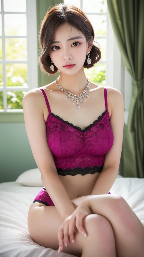 Dark pink lace thong&good, (((とてもエレガントでbeautiful, Perfect detail, Very detailed))), whole body, The most detailed girl, Written boundary depth, 美しくdetailedなwhole body, Thin legs, 1 girl, 30 years old, Very short hair, Spiked Hair, Gray and silver hair, beautiful detailed hair, Perfect Face, Expressionless, beautiful, detailed, Deep Eyes, Open your mouth a little, Delicate arms and hands, Pale skin, Earrings, beautiful and gorgeous necklace, Colorful background, HD background, Blurred Background, とても繊細でbeautiful, masterpiece, (((Highest quality, とてもbeautiful8K CG壁紙))), (((Trendy hairstyles))), (Inside the room,Stylish interior,window),