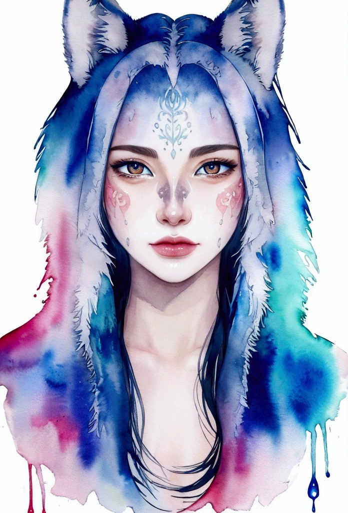 Print of a detailed watercolor tattoo style wolf face, face in the center, expressive eyes, watercolor colors, with splashes and dripping drops, transparent background