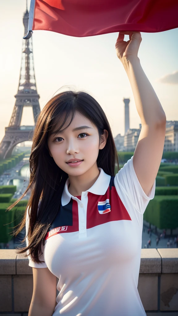 Olympic Torch Relay、Paris Olympic Torch、Paris cityscape、Small breasts、Slim body、Are thin、With the Eiffel Tower in the background、Wearing the Japanese flag、Hinomaru on the chest🇯🇵、Holding up a large lit Olympic flame、Scenic Professional Photography of Cowboy Shot RAW Photos、Realistic、[:Complicated details: 0.3]、Highest quality、Beautiful 12 year old girl、Long black hair、Olympic symbol、Are thin、Skin fineness、(Plus Size: 1.Like 1)、(Breasts with a beautiful round shape: 1.1)、(BIG ASS: 1.1)、(White polo shirt、japanese flag emblem、Red collar)、1 girl、holding the Olympic torch、The Olympic flame is lit、smile、Elegant figure、from the front、Gazing at the viewer、Cowboy Shot、Paris city outdoors、natural color、Perfect perspective、Very detailed、Wide-angle lens、surreal、Dramatic skies、Polarizing Filter、Natural light、Bright colors、Everything in sharp focus、HDR、uhd、64k、Photorealistic、Hyperrealistic、Hyper Detail、Analog Style、Detailed muscle、Matte skin、Soft Lighting、Scattered on the surface、Real、Dark Shadows Masterpiece、Highest quality、surreal、8k、Golden Ratio、complicated、High Detail、Film Photography、Soft Focus