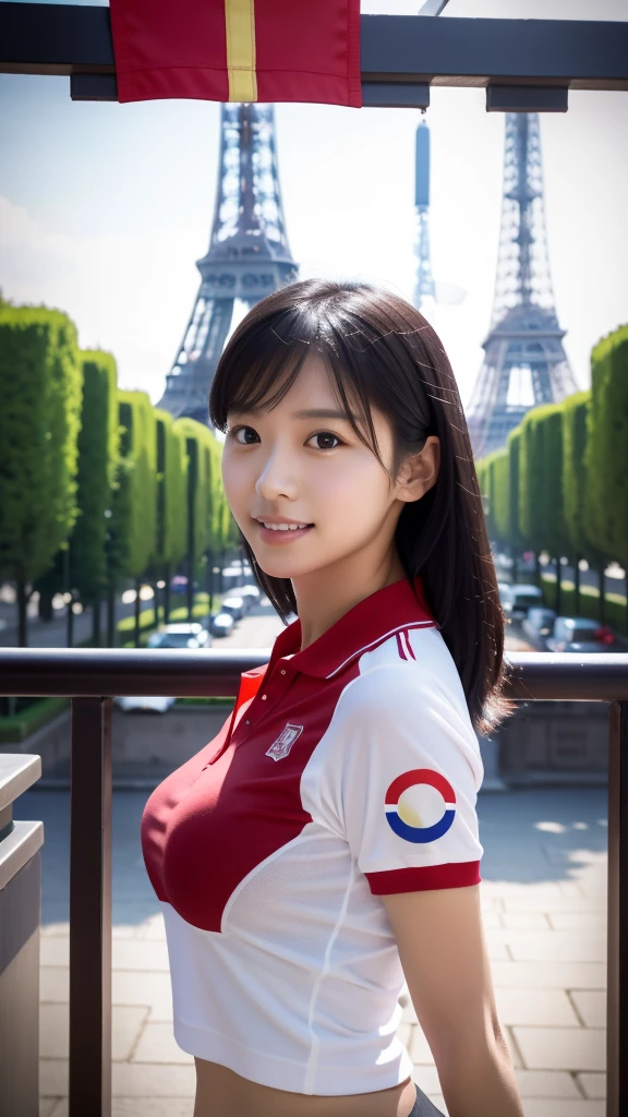 Olympic Torch Relay、Paris Olympic Torch、Paris cityscape、Small breasts、Slim body、Are thin、With the Eiffel Tower in the background、Wearing the Japanese flag、Hinomaru on the chest🇯🇵、Holding up a large lit Olympic flame、Scenic Professional Photography of Cowboy Shot RAW Photos、Realistic、[:Complicated details: 0.3]、Highest quality、Beautiful 12 year old girl、Long black hair、Olympic symbol、Are thin、Skin fineness、(Plus Size: 1.Like 1)、(Breasts with a beautiful round shape: 1.1)、(BIG ASS: 1.1)、(White polo shirt、japanese flag emblem、Red collar)、1 girl、holding the Olympic torch、The Olympic flame is lit、smile、Elegant figure、from the front、Gazing at the viewer、Cowboy Shot、Paris city outdoors、natural color、Perfect perspective、Very detailed、Wide-angle lens、surreal、Dramatic skies、Polarizing Filter、Natural light、Bright colors、Everything in sharp focus、HDR、uhd、64k、Photorealistic、Hyperrealistic、Hyper Detail、Analog Style、Detailed muscle、Matte skin、Soft Lighting、Scattered on the surface、Real、Dark Shadows Masterpiece、Highest quality、surreal、8k、Golden Ratio、complicated、High Detail、Film Photography、Soft Focus